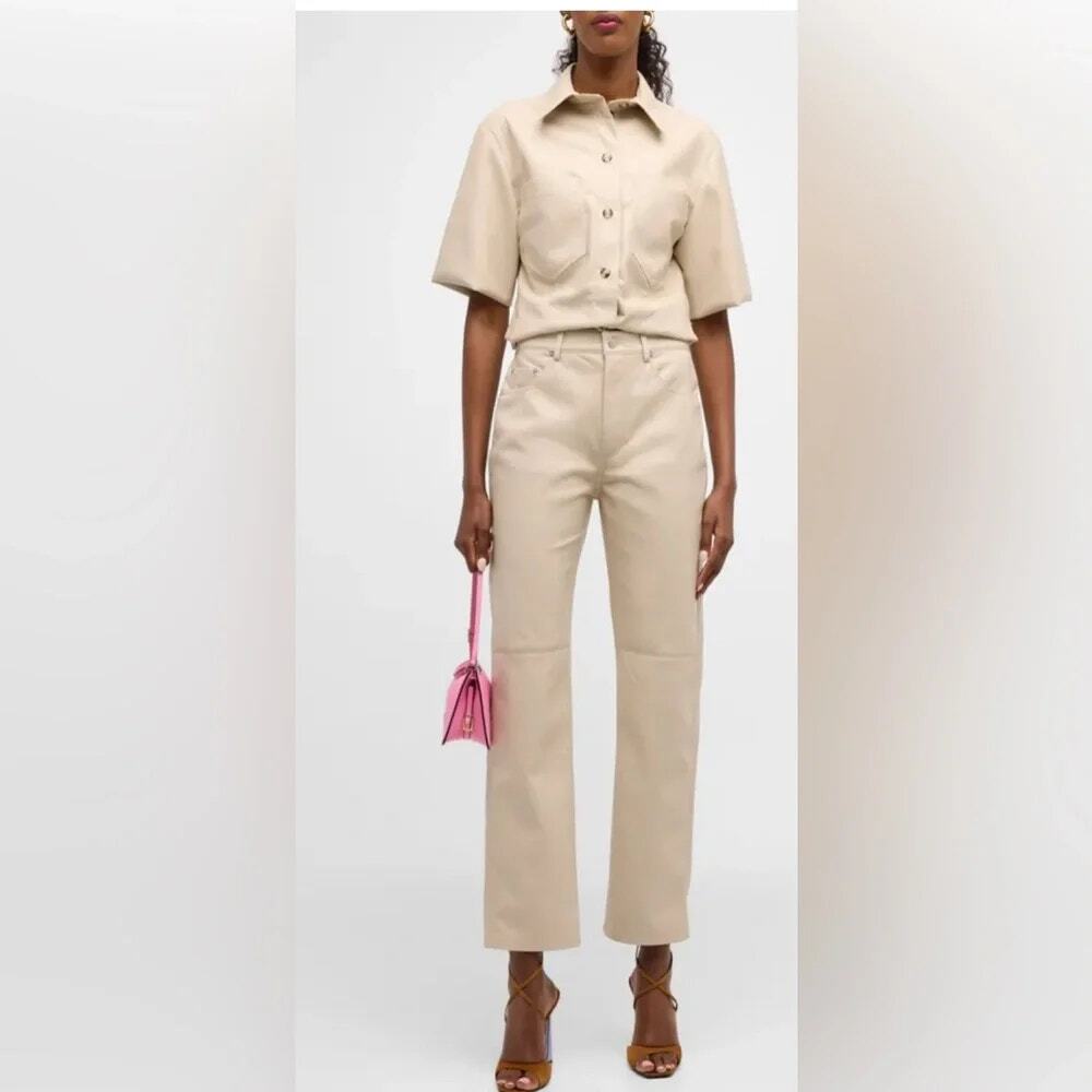 Nanushka Vinni Cream Cropped Vegan Leather Straight Leg Pants Women's Med